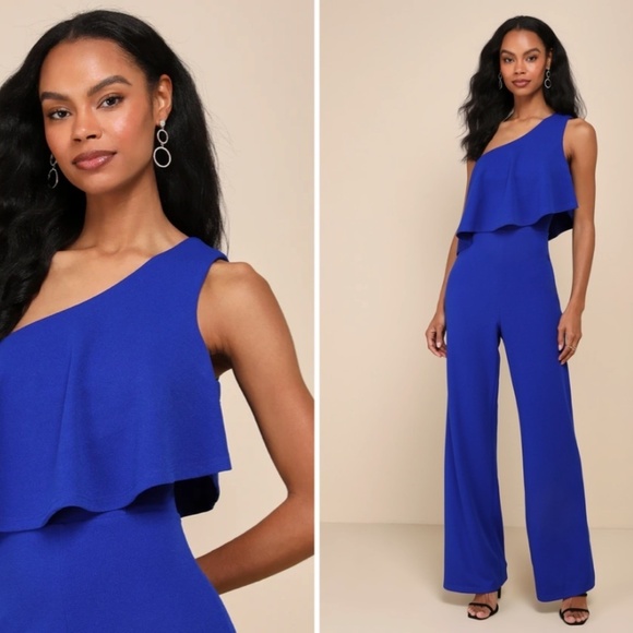 LULU's Sexy Chic Sophisticated Wedding Cocktail One Shoulder Wide Leg Jumpsuit - Picture 1 of 5